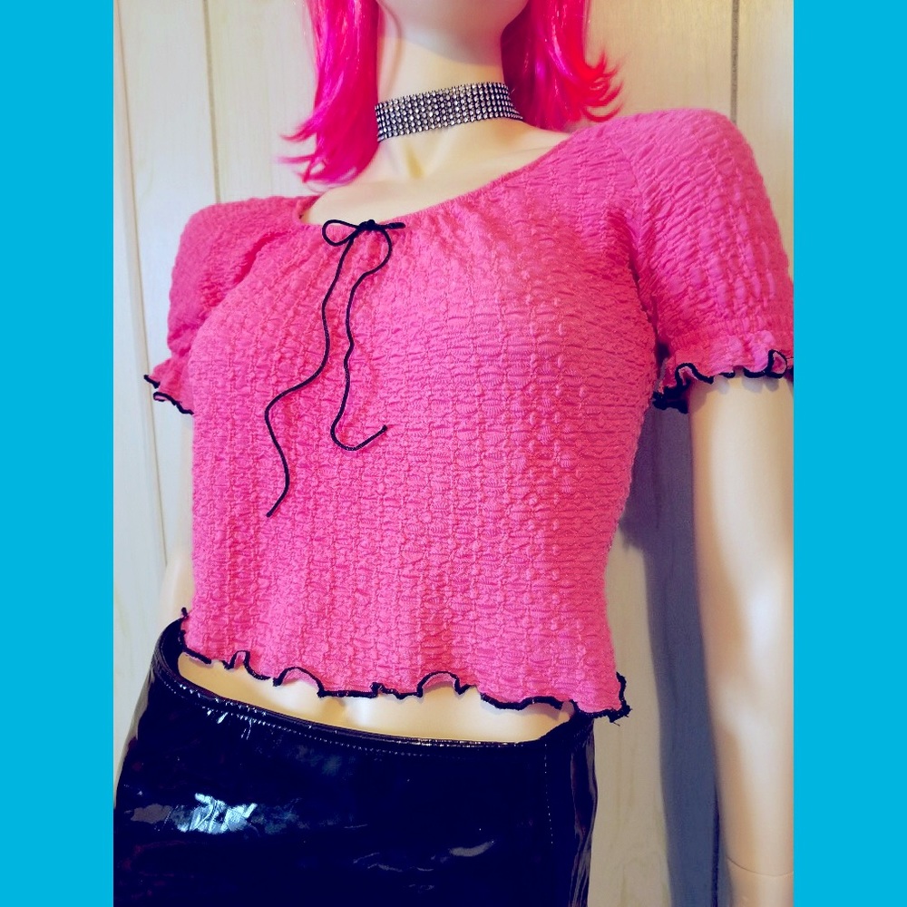 Vintage 90s Hot Pink Smocked Puffy Sleeve Babydoll Crop Top MOD Barbiecore